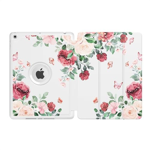 MoKo Hülle für iPad 9. Gen. 2021 / iPad 8. Gen 2020 / iPad 7. Generation 2019 mit Stifthalter, iPad 10,2 Hülle mit Weicher TPU-Rückseite, Ständer Hülle, Auto Schlaf/Aufwach, Schmetterling auf Blumen