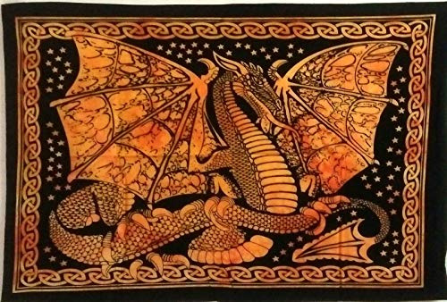 AVA Collections Psychedelischer Wandteppich Drache Wandkunst Indische Baumwolle Wandbehang Tapisserie Boho Hippie Wohnzimmer Schlafzimmer Dekor Orange Tie Dye 102x76cm (Orange, Großer Drache)