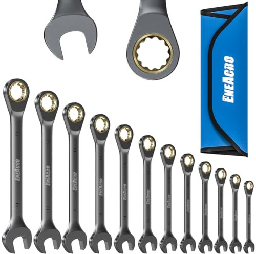 ENEACRO 12-teilig Ringratschenschlüssel Set, 6-19mm, Anti-Rutsch Ringmaulschlüssel, Gabelschlüssel-Ringmaul-Schlüssel-Set,72-Zähne, Cr-V Stahl, Vernickelt, mit Rolltasche