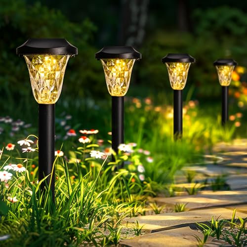GIGALUMI 8 Pack Solar Lights Outdoor Garden, Waterproof, Solar Powered Garden Lights for Pathway Patio Lawn Walkway and Landscape, Warm White
