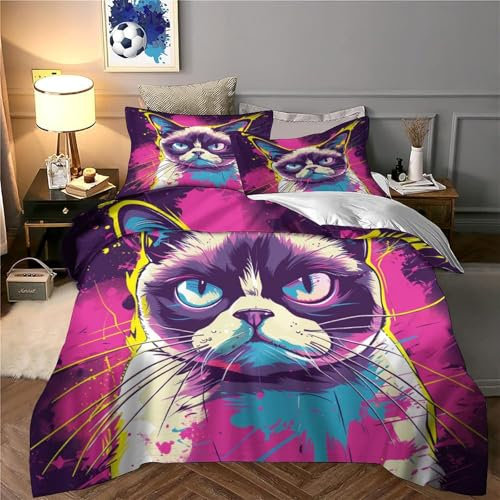 GQmoney Grumpy Cat Bettbezug-Set, gemustertes Bettwäsche-Set, Digitaldruck, 3D-Bettbezug, Mikrofaser, Tagesdecke, Kingsize (220 x 240 cm)