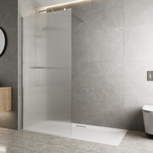 BAYSTONE® 1400mm Wet Room Shower Screen Panel 8mm Fluted Toughened Safety Easy Clean Glass Walk in Shower Enclosure, Frameless Panel, Chrome