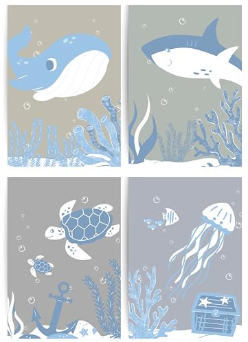 Papierkindᵀᴹ 4er Poster Set - Unterwasser Tiere Hai Schildkröte Qualle Anker | Meeresbilder für Kinderzimmer | Wanddeko Poster mit Unterwassertieren | Bilder in DIN A4 ohne Rahmen (A119-2)