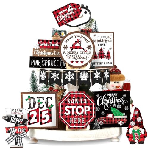 BEAHING Tiered Tray Decor, 15PCS Christmas Tiered Tray Decorations Set Wooden Christmas Tiered Tray Decor Versatile Tiered Tray Decor with Holder for Christmas Celebration, Christmas Decor