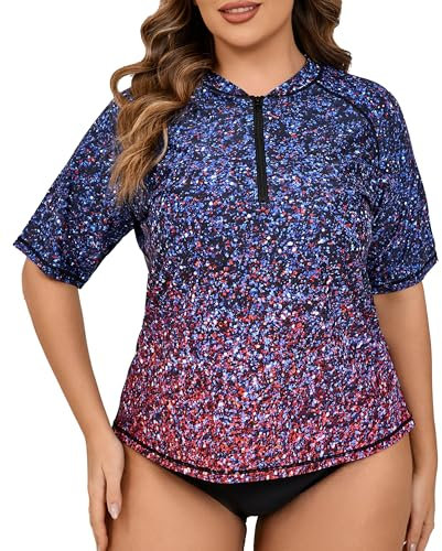 Halcurt UV Shirt Damen Übergröße Rash Guard Kurzarm 1/4 Zip UV Schutz UPF 50+ Badeshirt Schwimmshirt Schnell Trocknender Bademode 3X
