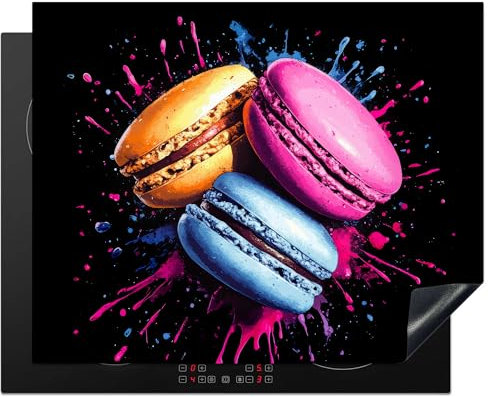 KitchenYeah© Protection Pour Plaque Induction 65x52 cm Plaque de Deco Cuisine Protégé Cache De Cuisson Vitroceramique Macarons - Dessert - Graffiti - Coloré - Rose - Bleu - Jaune
