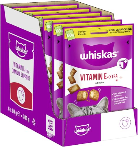 WHISKAS Becher Vitamin E-Xtra Katzensnacks 6 x 50g – Leckerli mit extra Vitamin E natürliche Abwehrkräfte