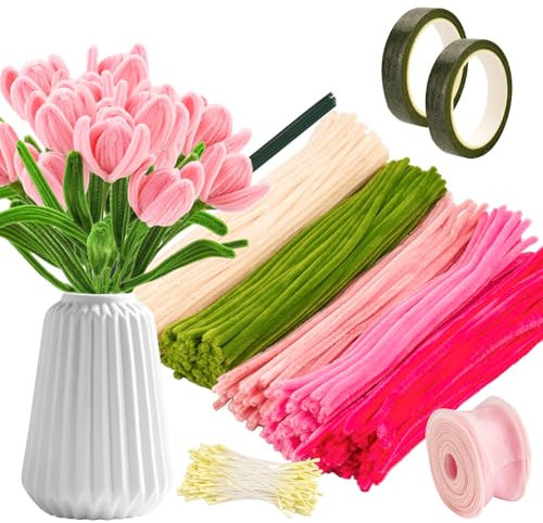 zeyedemo Kreative Pfeifenreiniger zum Basteln 350 Stück Bunte Pfeifenputzer zum Basteln mit Stängel Bänder Staubgefäßen Klebeband Pfeifenputzer Blumen set für Erwachsene Blumenstrauß DIY (5 Farben)