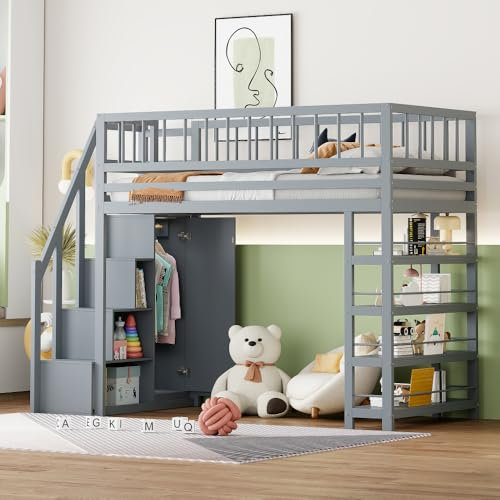Chronetix Loft Bed 90x200 Solid Wood with Wardrobe Shelf Storage Space Safety Ladder High Fence Play Area Multifunctional Bed for Kids Bedroom (Grey)