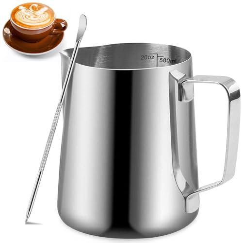 Milk Frothing Pitcher, 600ml Stainless Steel Milk Jug with Measurement Mark and Decorating Pen for Making Latte Art and Cappuccino Coffee, Silver/20OZ
