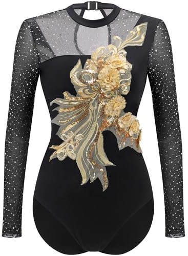 FYMNSI Damen Ballettanzug Langarm Tanz Body Eislaufen Bodysuit Gymnastikanzug Trikot Glänzender Strass Blumen Dekor Einteiler Turnanzug Leotards Tanztrikot Jumpsuit Ballettkleidung Gold XL