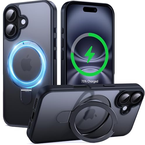 Supdeal Magnetisch Stand Hülle für iPhone 16 mit Unsichtbarem Ring Ständer [Kompatibel mit MagSafe] Durchscheinende Stoßfeste Matte Handyhülle Schutzhülle, 6,1, Schwarz