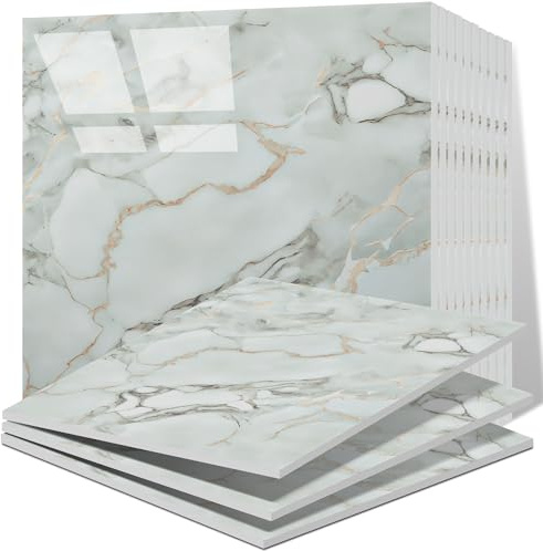 Vieshful 20pcs Self Adhesive Wall Tiles,30x30cm Stick on Wall Marble Tile, PVC Waterproof Shower Walls Panels, Back Splash Stick on Tiles for Kitchen Bathroom Livingroom Gold