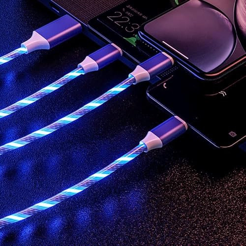 Aiivioll 3-in-1 Flowing LED Charging Cable - Fast USB Charger Cord for iPhone, Samsung, Android Phones, Tablets - Compatible with Micro USB/Type-C/Lightning (Blue, 2m)