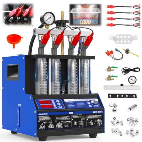BELEY 220V Ultraschall Einspritzdüsen Reiniger und Prüfgerät mit Heizfunktion,Kraftstoffinjektoren Cleaner mit 10 Testfunktionen, LED Display & 4 Zylinder Adapter für Auto Motorrad (V308)