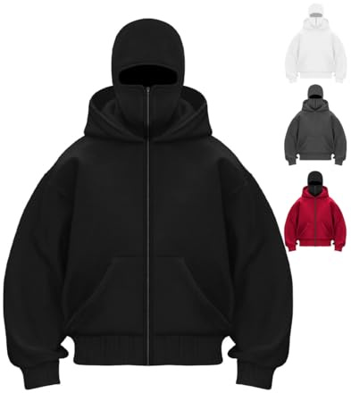 RIZUNTO Herren Balaclava Zip Ninja Kapuzenpullover mit Sturmhaube Casual Oversized Mask Jacke Reißverschluss Y2K Hoodie Winddichte Übergangsjacke Motor Fahrrad