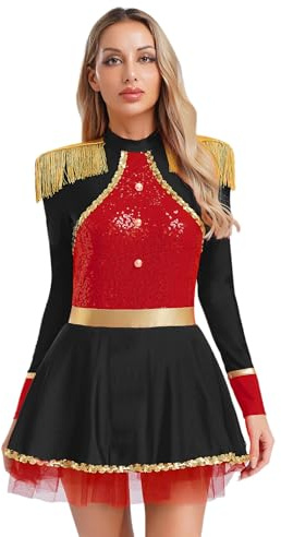 JEATHA Damen Zirkus Kostüme Tanzkleid Pailletten Bodysuit Jumpsuit mit Fransen Zirkus Dress Up Faschingskostüm Cosplay Karneval Kostüme