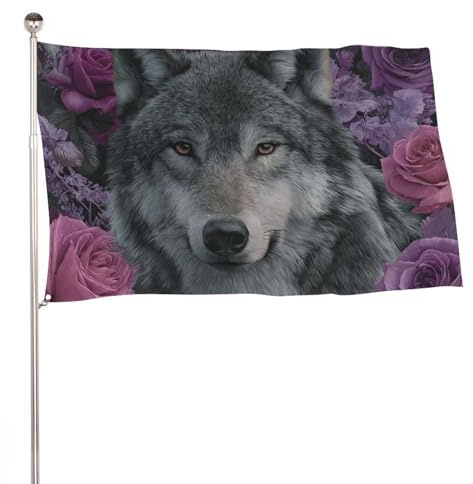 Wolf mit Rosen, Fantasy-Flagge, 90 x 152 cm, Gartenflaggen, Banner, Dekoration für Hof, Veranda, Rasen, Bauernhaus