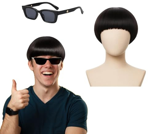 QSZHSL Short Black Straight Wig for Men Women, Black Glasses, 2 Pcs | Funny Wigs, Short Mushroom Wig with Full Bang, Black Glasses,for Movie Role Play Fancy Dress Cosplay Party Halloween
