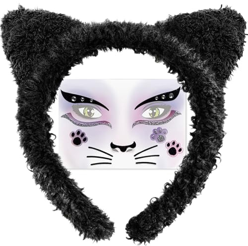 HSSPYY Katzen Kostüm Accessoire Set für Erwachsene – Schneller Party-Look ohne Schminke – Schwarzer Plüsch Haarreif mit Katzenohren & selbstklebende Gesichtssticker für Halloween, Motto Party & Events