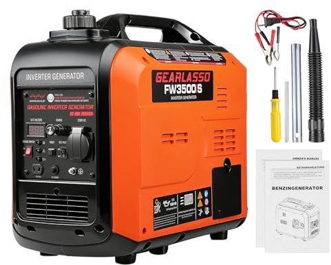 GEARLASSO Generatore di corrente inverter, 3300 W, generatore di corrente a benzina, super silenzioso, generatore a 4 tempi con USB e avviamento elettrico da 230 V, per campeggio, viaggi, casa o