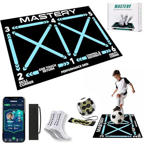 Fußball-Trainingsmatte und Kick-Trainer mit Mastery App, Mastery Skills Fußarbeitsmatte, 90 x 60 cm, Fußball-Geschenke für Jungen, professionelle Dribblingball-Kontrolle und Stressabbau-Spiele für