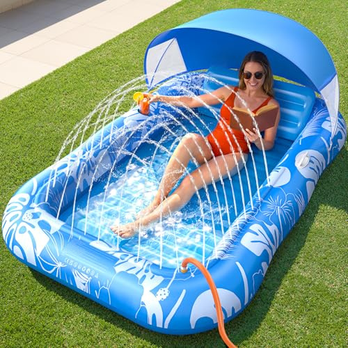 Inflatable Tanning Pool Lounger Float with Sprinkler & Canopy UPF50+, 77 x 48 Extra Large Tanning Pool Float for Adults, Sunbathing Water Lounge Bed with Pillow & Cup Holder for Backyard & Pool