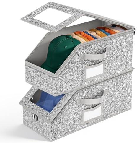 SXTDKMJ 2 Pcs Stackable Hat Storage, Cap Storage with Lid Foldable Hat Organiser for Bedroom Wardrobe Closet