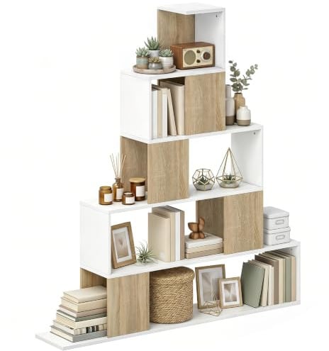 HOMCOM Libreria Cubo Scaffale 5 Ripiani Design a Gradini Bianco e Naturale | Libreria Geometrica, per Soggiorno, per Studio, per Camera da Letto