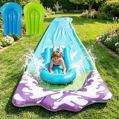 480*70CM Wasserrutsche Garten Für Kinder, Wasserrutsche Outdoor Sommer Rasen Mit 2 Bodyboards, Single Water Slide Mit Eingebautem for Kids and Adults, Summer Party, Garden, Lawn, Rasenwasserrutschen