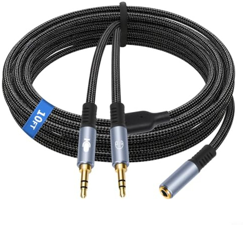 3.28/6.56/9.84FT Headphone Splitter For Computer CTIA 3.5mm TRRS Female To Dual TRS Male Mic Audio Y Headset Splitter Cable For PC Laptop To Gaming Headset(3 meters)