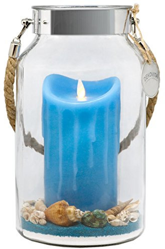 Dekovita Geschenkidee 30cm Dekoglas LED-Echtwachs Kerze blau m. bewegter Flamme u. Deko-Sand Ostern Muttertag Geburtstag