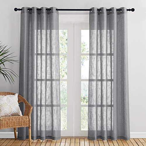 PONY DANCE Vorhänge Wohnzimmer Voile Gardinen Leinenoptik 2er Set H 210 x B 132 cm Dunkelgrau Vorhang Halbtransparent mit Ösen Fenster Gardine