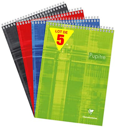 Clairefontaine 8151C - Packung mit 5 Blöcken Pupitre mit Doppelspirale, DIN A4 21x29,7cm, 80 Blatt, 90g, französische Lineatur, farbig sortiert, 1 Pack