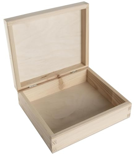 WooDeeDoo Rectangular Wooden Storage Box with Hinged Lid – 19 x 16.5 x 6 cm – Unfinished Pine Keepsake Gift Chest for Crafts Letters Trinkets DIY Decoupage Memory Storage