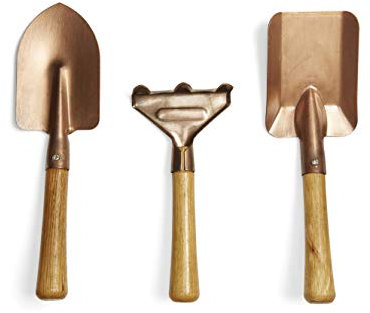 Set di attrezzi da giardino, mini pala, vanga in stile retrò, manico in legno e finitura in rame, vintage