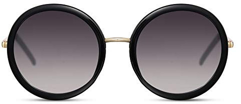 Cheapass Sonnenbrille groß rund Mode Schattierungen schwarzer Rahmen mit dunklen Verlaufsgläsern und goldenen Metallbügeln UV400-geschützt Damen