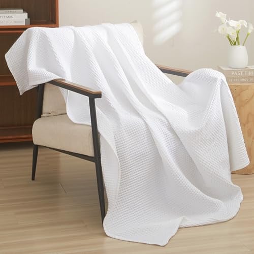 PHF 100% bomull våffelväv överkast 127 cm x 152 cm lätt tvättad mjuk andningsbar filt för vuxna och barn – perfekt filtlager för bäddsoffa soffa – elegant heminredning – vit