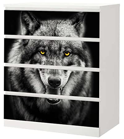 MyMaxxi - Klebefolie Möbel passend für IKEA Malm Kommode - Motiv Wolf Hunter Dog - Möbelfolie selbstklebend - Dekofolie Tattoo Aufkleber Folie für Wohnzimmer, malm_Groesse:4 Schubladen