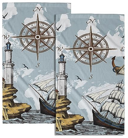 Vintage Nautischer Kompass Handtuch Blau Weiches Segelschiff Handtuch Set mit 2 Stück Weltkarte Boot Waschlappen Ozean Anker Leuchtturm Heimdekoration Küche Badezimmer Hotel Spa Gym GästeWaschlappen