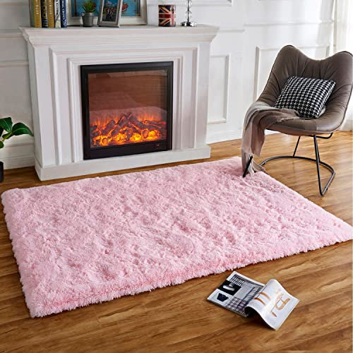 HARESLE Rosa Flauschiger Teppich, Hochfloriger Rutschfester Rosa Teppich Für Mädchen Schlafzimmer, Wohnzimmer, Kinderzimmer, Aufenthaltsraum (Rosa/80×120cm)