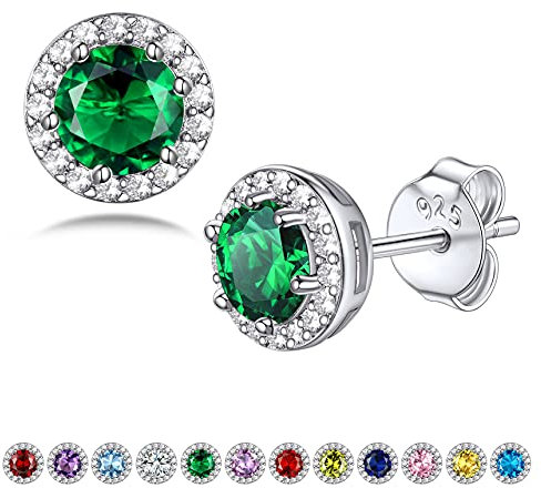 Bestyle Round Sparkle Ohrringe 925 Damen Geburtsstein Ohrstecker mit Zirkonia Birthstone für Frauen Smaragd Ohrstecker Geschenk für Geburtstag