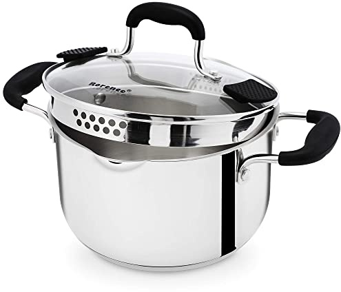 3.5L Edelstahl 18/8 Kochtopf Induktionsgeeignet für alle Herdarten, Glasdeckel mit Abgießlöchern, Spülmaschinenfest, Ohne Beschichtung, für Nudeln & Fleisch