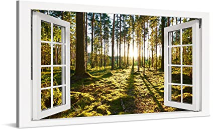 PICANOVA – Leinwandbild Sonnenaufgang im Kiefernwald Fenster 100x50cm – Premium Leinwanddruck – Wandbild Kunstdruck Auf 2cm Holz-Keilrahmen Für Schlaf- Und Wohnzimmer Wanddekoration – Kollektion Wald