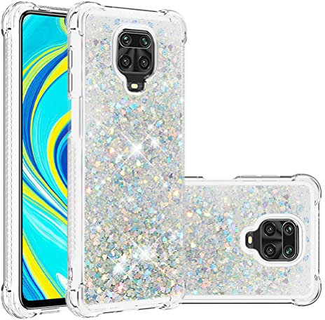 COTDINFOR Funda Glitter para Redmi Note 9 Pro Carcasa Liquida Brillante Arena Movediza TPU Suave Silicona Antigolpes Protectora Cover Fundas Case para Redmi Note 9S TPU Love Silver YBWTLS.