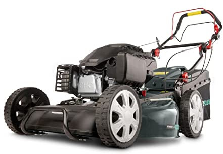 Powerplus POWXG60240X - Tosaerba a benzina con diametro di 460 mm e 145 cc, con tagliabordi, con presa erba, funzione di pacciamatura, scarico laterale ed espulsione posteriore