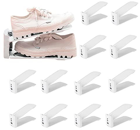 PAIDE P Organizador de zapatos. Almacenaje de Calzado. Organizador de Zapatillas para Armario Calzador. Soporte de Calzado de Altura Ajustable, Zapatero Sencillo. (Pack 12, Blanco)