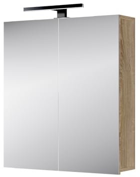 Planetmöbel Merkur Spiegelschrank Bad mit Beleuchtung 60 cm breit | Badschrank hängend mit Spiegel | Matt-Schwarz LED Beleuchtung | Sonoma Eiche