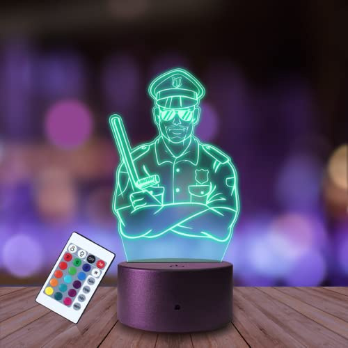 Plexido Nachtlicht Polizist Polizei Leibwächter Illusion Lampe 3D Nachttischlampe Geschenk für Kinder Personalisiert Graveur Weltraum Kinderzimmer LED Licht Fernbedienung 16 Farbwechsel Wohnzimmer