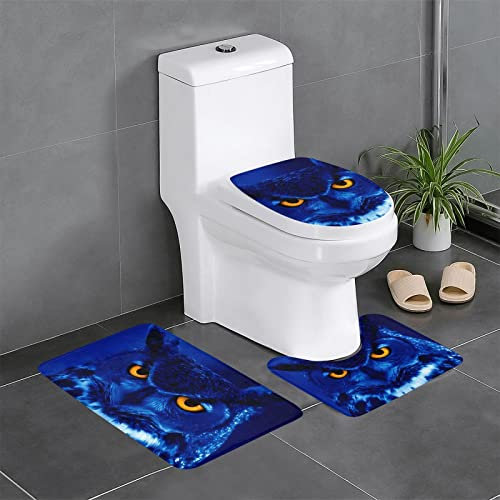 PartyUnix 3-teiliger Badezimmer-Teppich mit blauen Eulen-Motiven, wasserabsorbierend, trocknet schnell, rutschfest, langlebig, erschwinglich